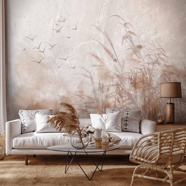 Paisaje minimalista con pájaros - motivo vegetal en fondo beige