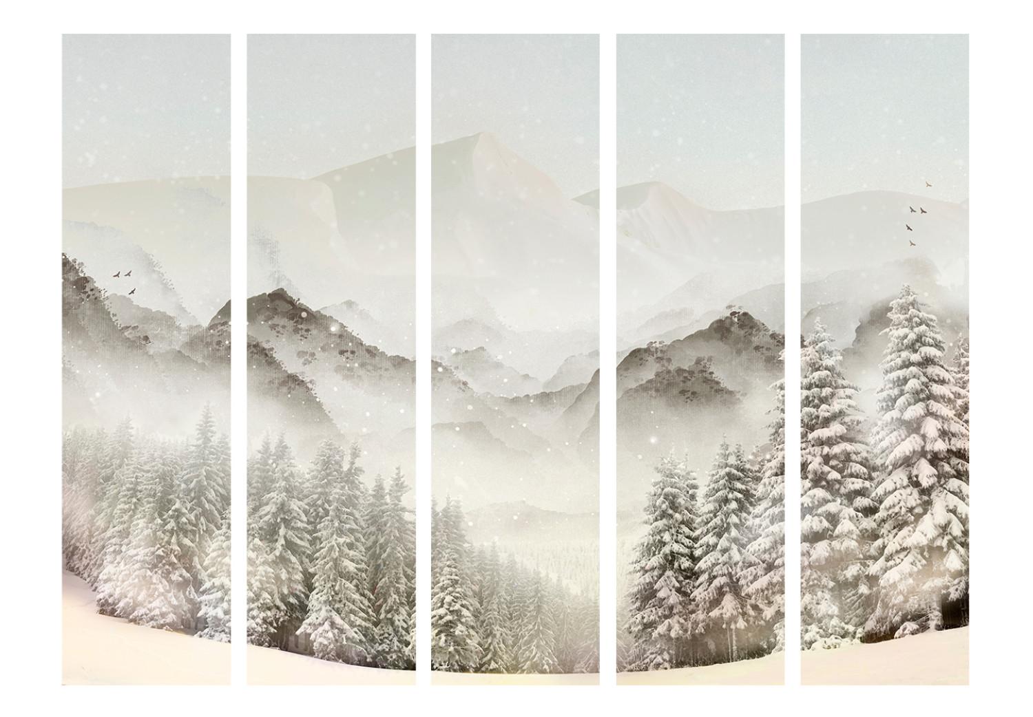 Biombo decorativo Cuenca nevada II (5 piezas) - paisaje invernal de montañas y árboles
