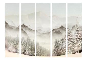Biombo decorativo Cuenca nevada II (5 piezas) - paisaje invernal de montañas y árboles