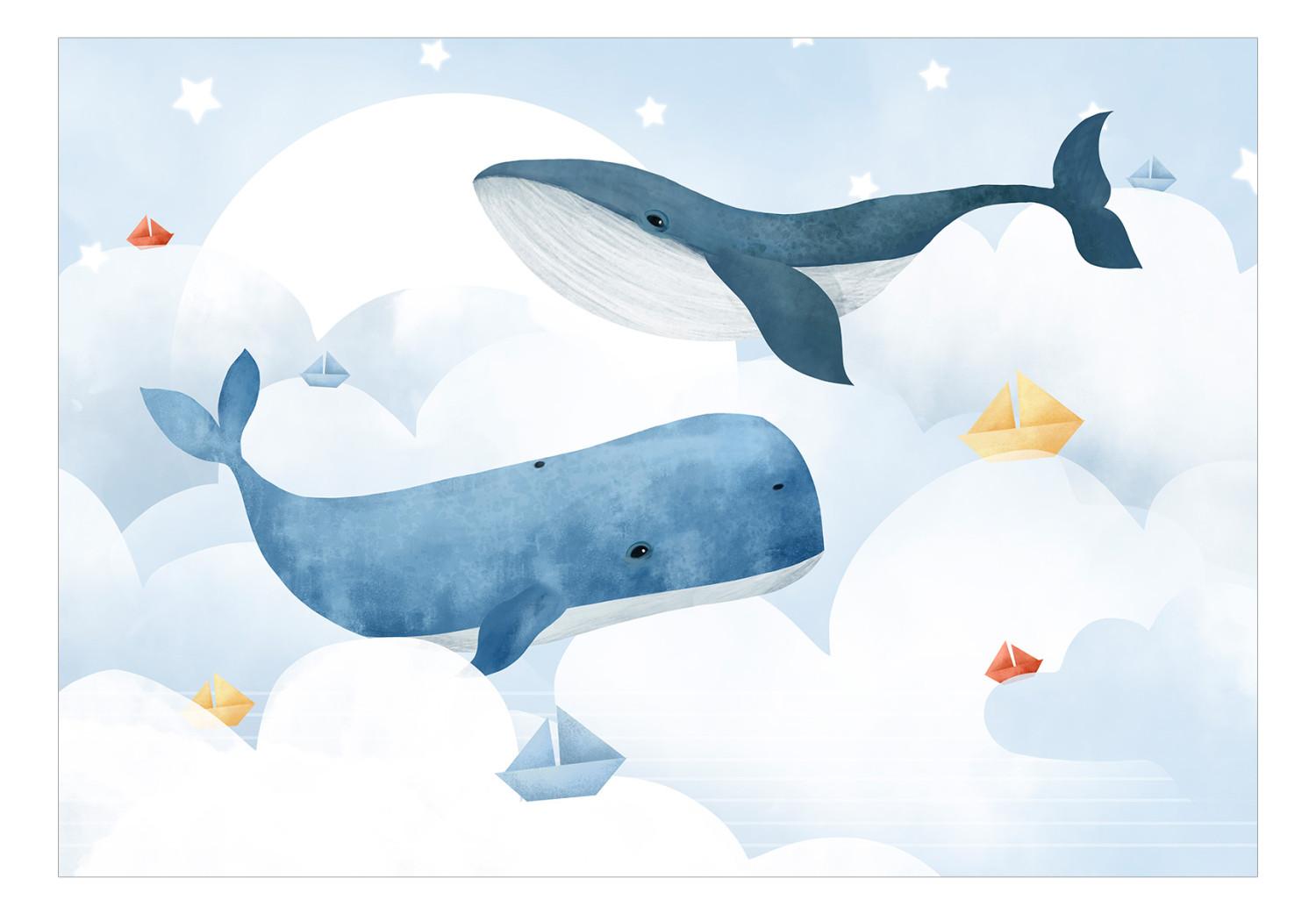 Fotomural Ballenas nadando en las nubes - ilustración colorida con peces y barcos