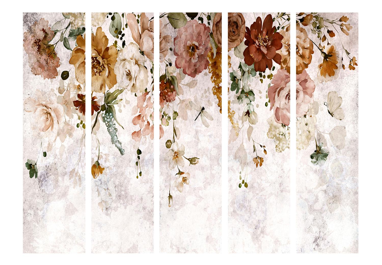 Biombo original Telón celeste II (5 piezas) - flores coloridas en fondo claro
