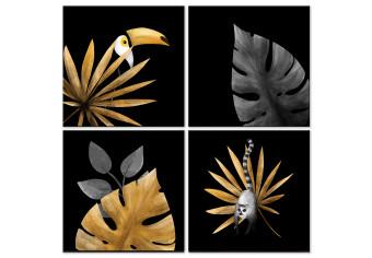 Cuadro Lémur gris y tucán (4 piezas) - animales entre hojas exóticas