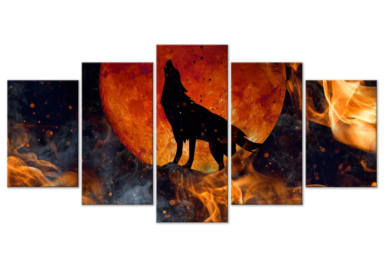 Cuadro moderno Lobo en el fuego (5 piezas) - animal negro sobre fondo lunar