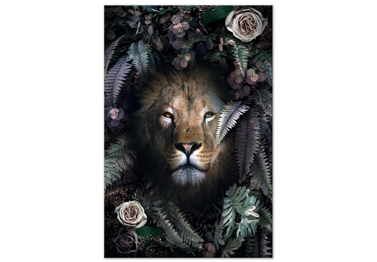 Cuadro León entre hojas (1 pieza) vertical - gato salvaje, rosas, helechos