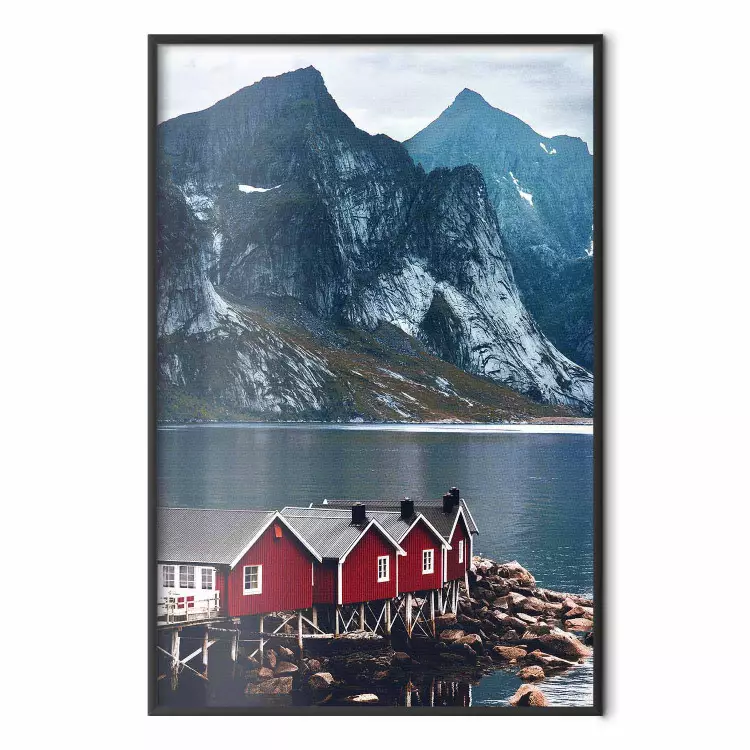 Calma azul - paisaje de casa roja y lago en las montañas