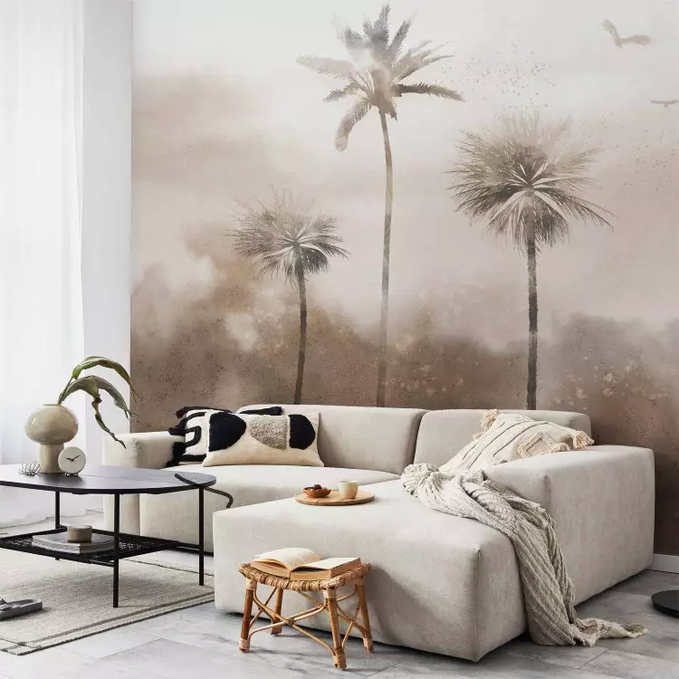Fotomural decorativo Viento tropical - paisaje con palmeras en tonos grises y marrones