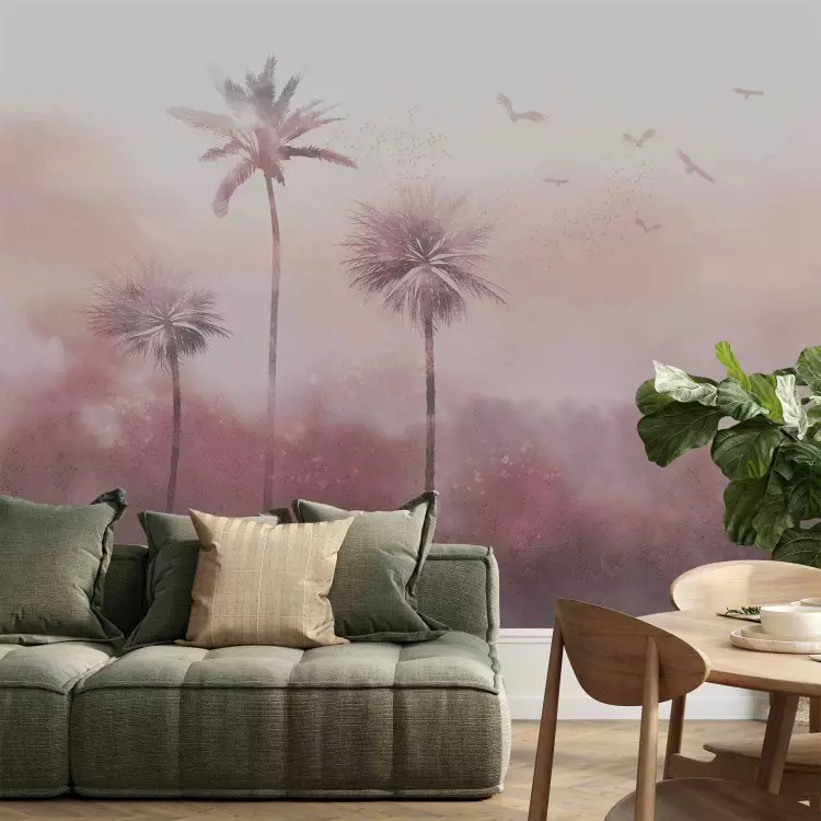 Fotomural Brisa caliente - Composición exótica con palmeras y pájaros