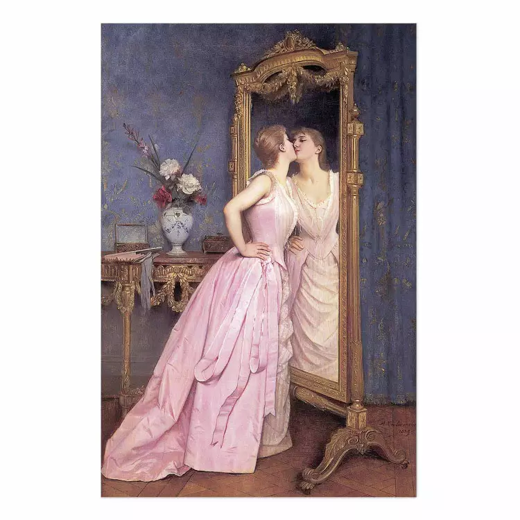 Poster Vanidad - mujer con vestido largo rosa frente al espejo