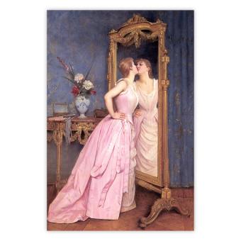 Poster Vanidad - mujer con vestido largo rosa frente al espejo