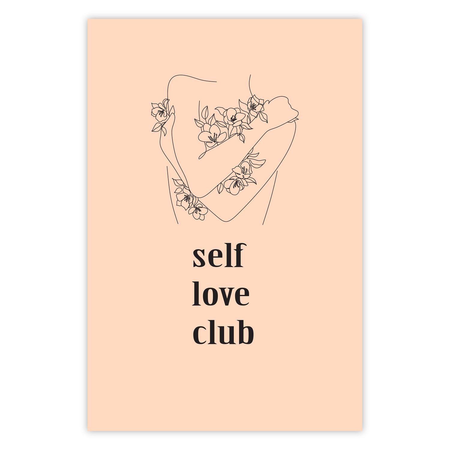 Cartel Club de amor propio - lineart de mujer y textos en pastel
