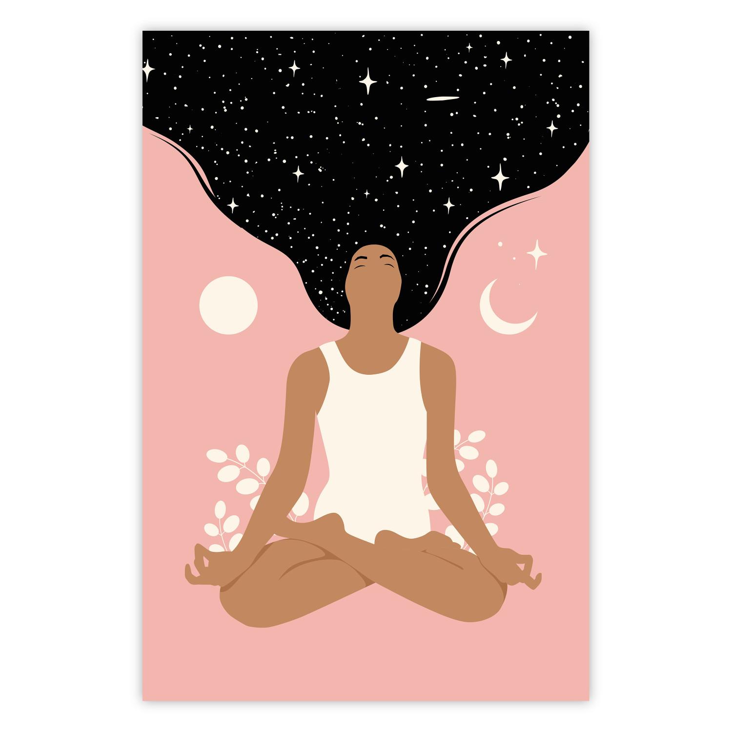Póster Yoga por la mañana - mujer meditando inmersa en el cosmos oscuro