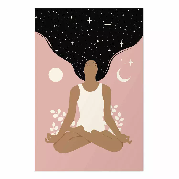 Póster Yoga por la mañana - mujer meditando inmersa en el cosmos oscuro