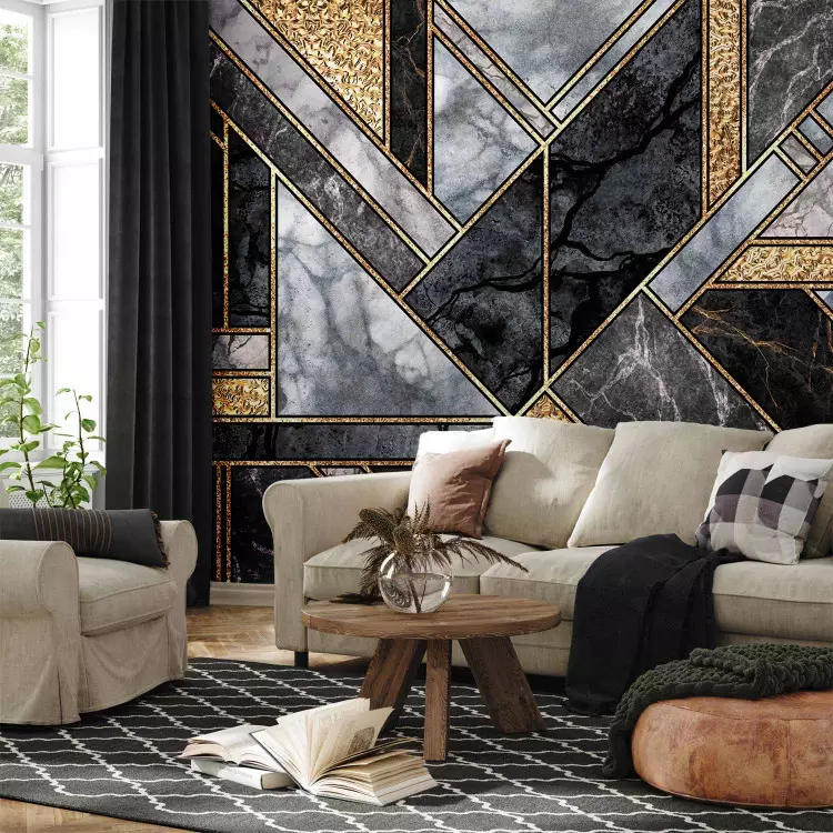 Fotomural decorativo Art déco geométrico - mármol gris y negro con dorados