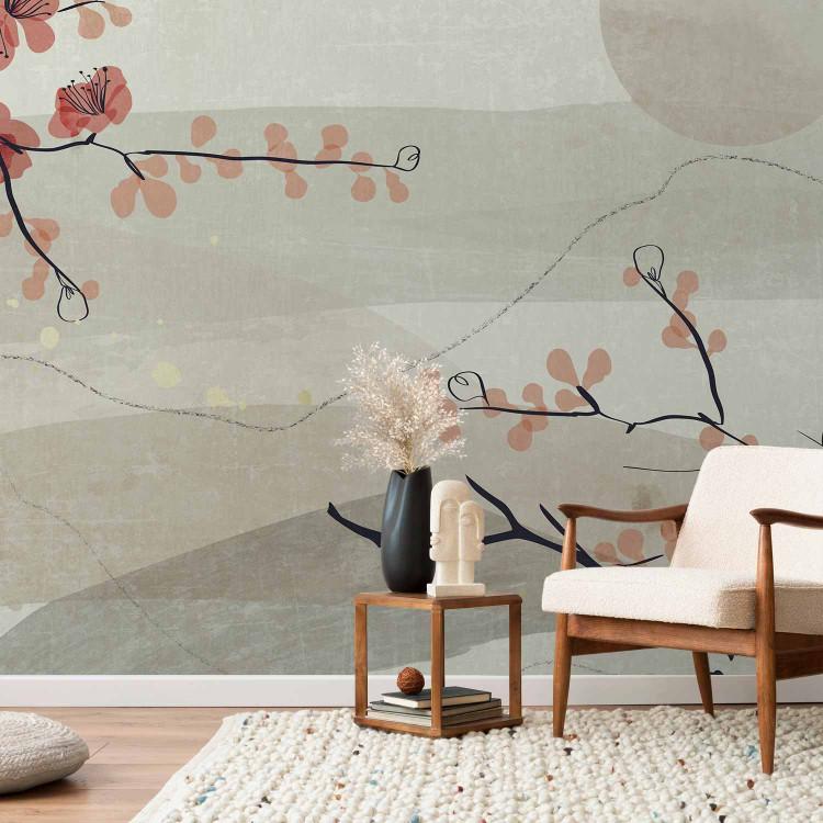Paisaje japonés - composición abstracta con rama de cerezo y sol