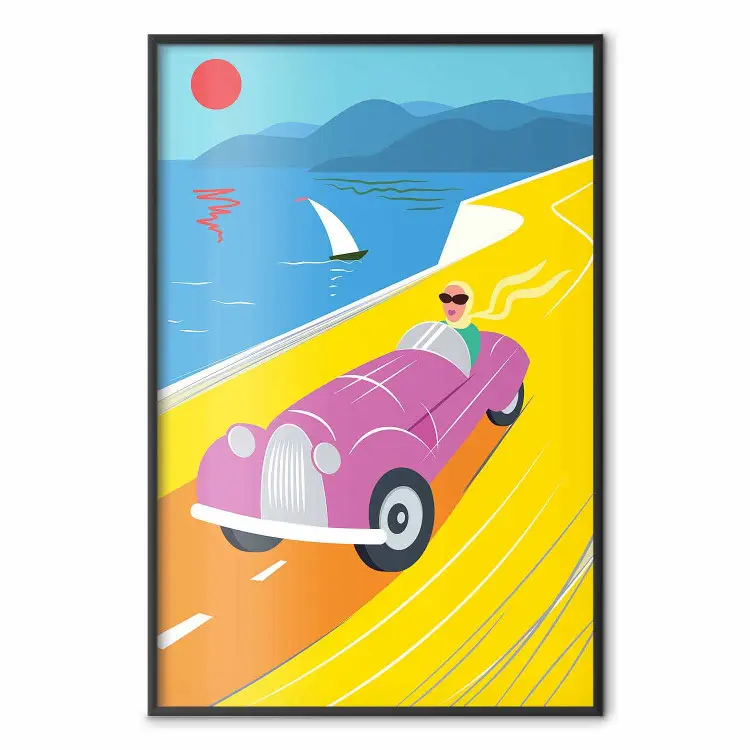 Carrera colorida - mujer en automóvil sobre fondo marino con barco