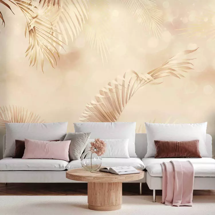 Fotomural decorativo Rincón dorado - glamour con hojas exóticas y patrones