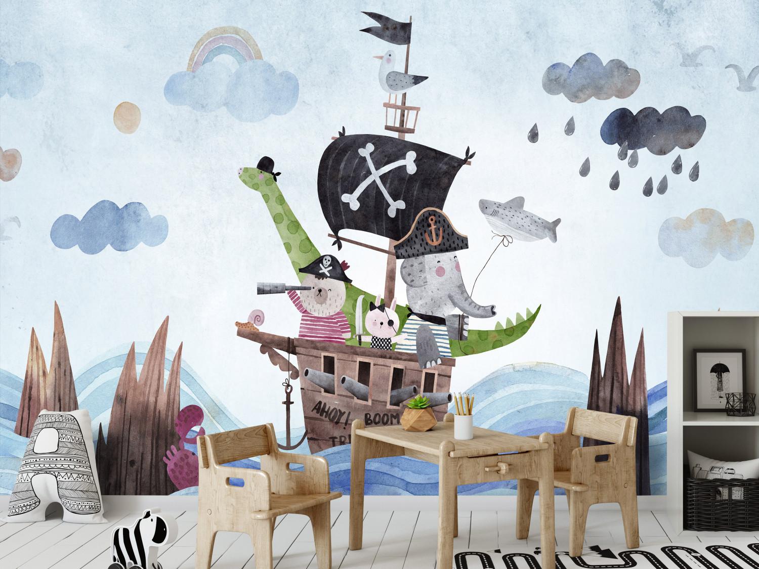 Fotomural decorativo Aventura en el mar - barco pirata pintado con animales para niños