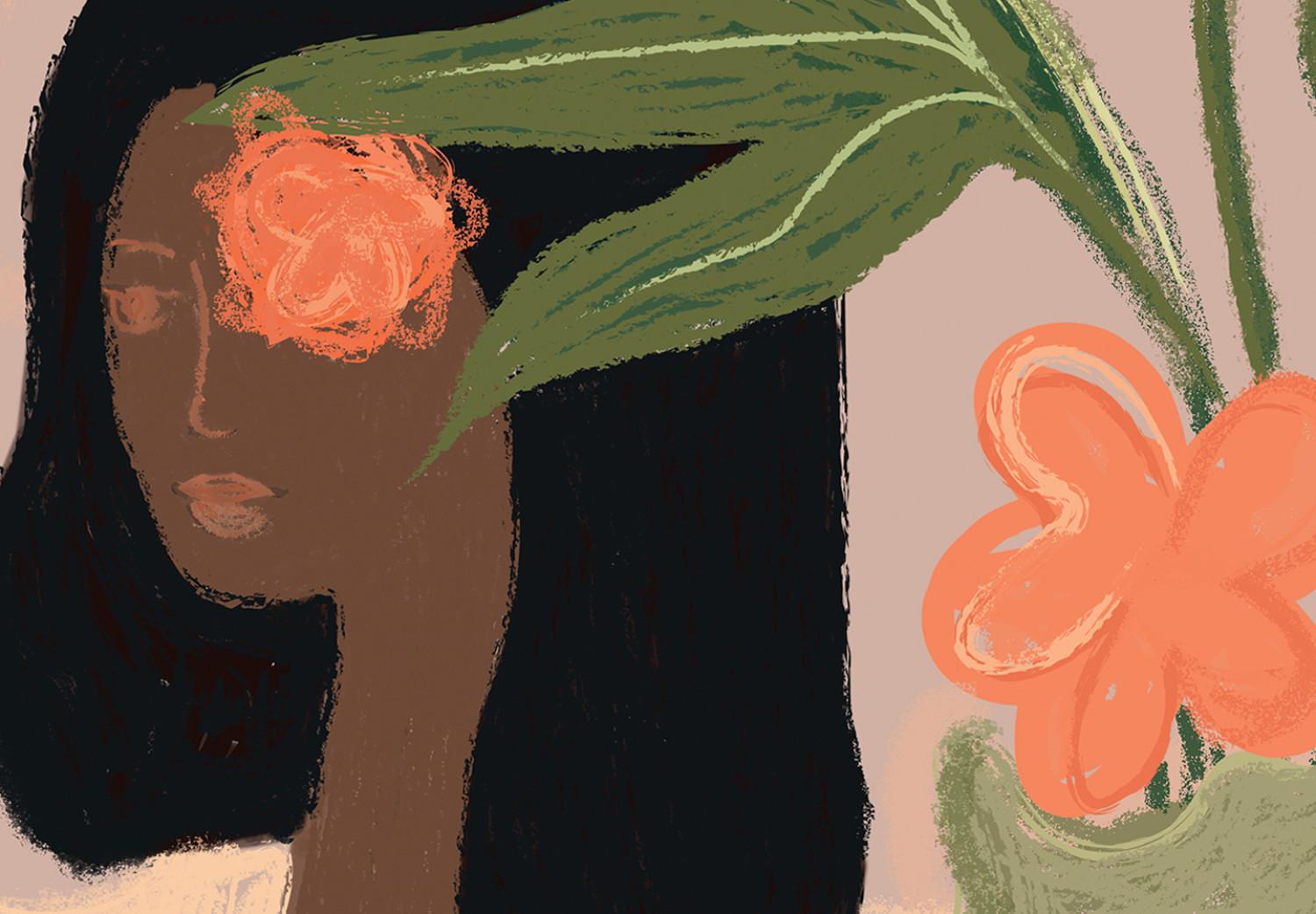 Cuadro En espera (1 parte) - figura femenina y flores rosas