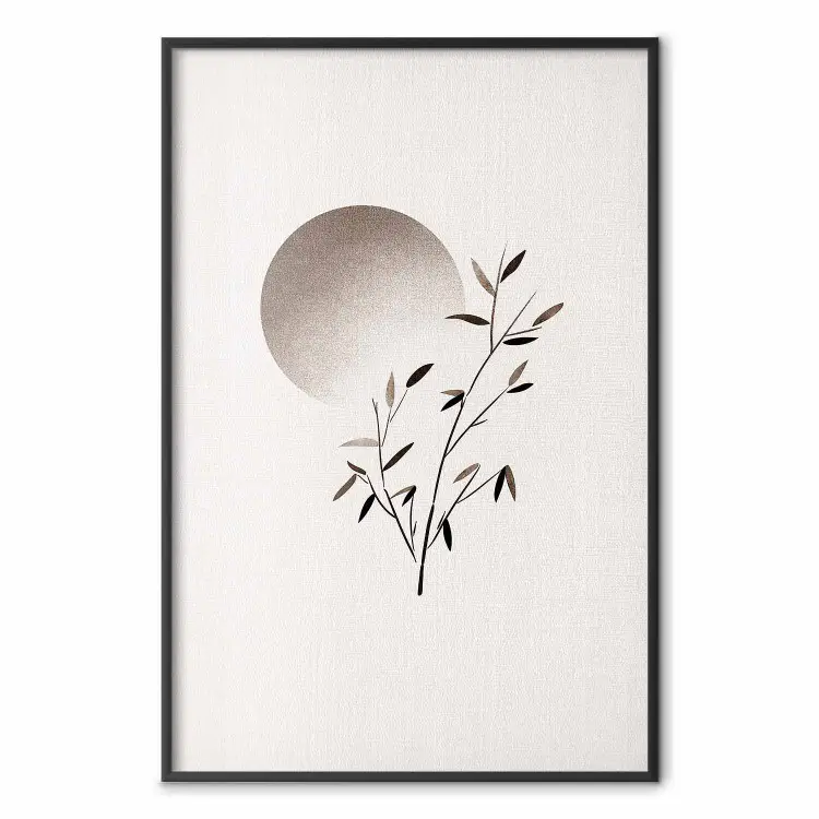 Minimalismo oriental - rama con hojas y sol en estilo japandi sobre fondo claro