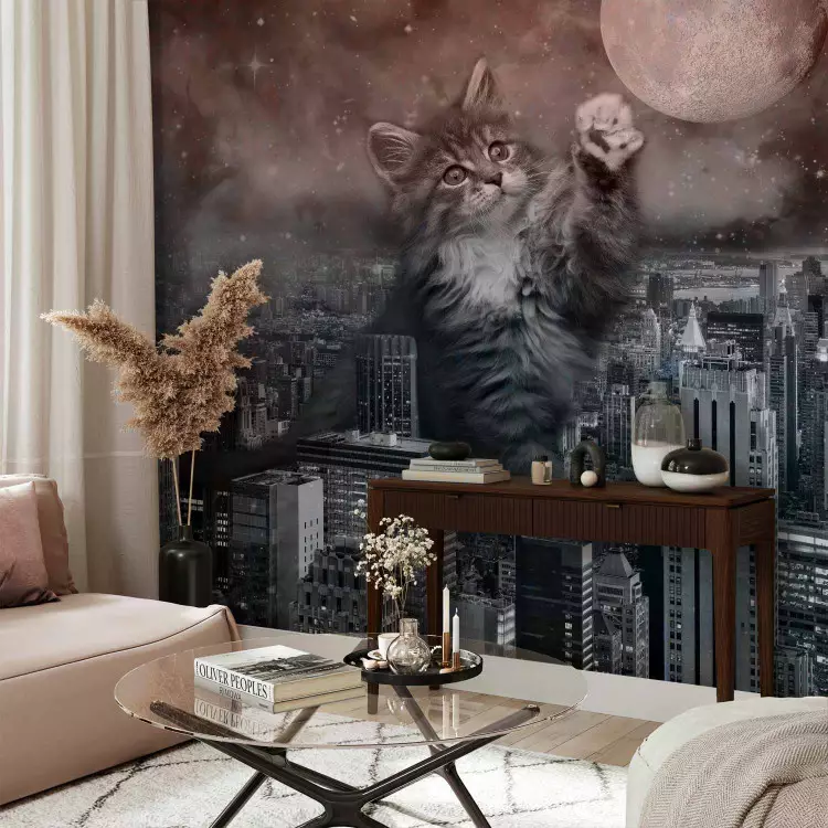 Fotomural decorativo Animal en Nueva York - motivo de gato con luna y ciudad gris