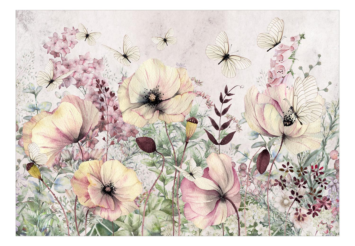 Fotomural Pradera encantada - paisaje con flores y mariposas en fondo claro