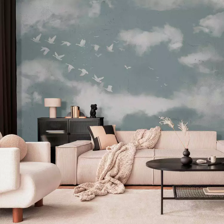 Fotomural decorativo Gansos en las nubes - paisaje con cielo azul y pájaros blancos