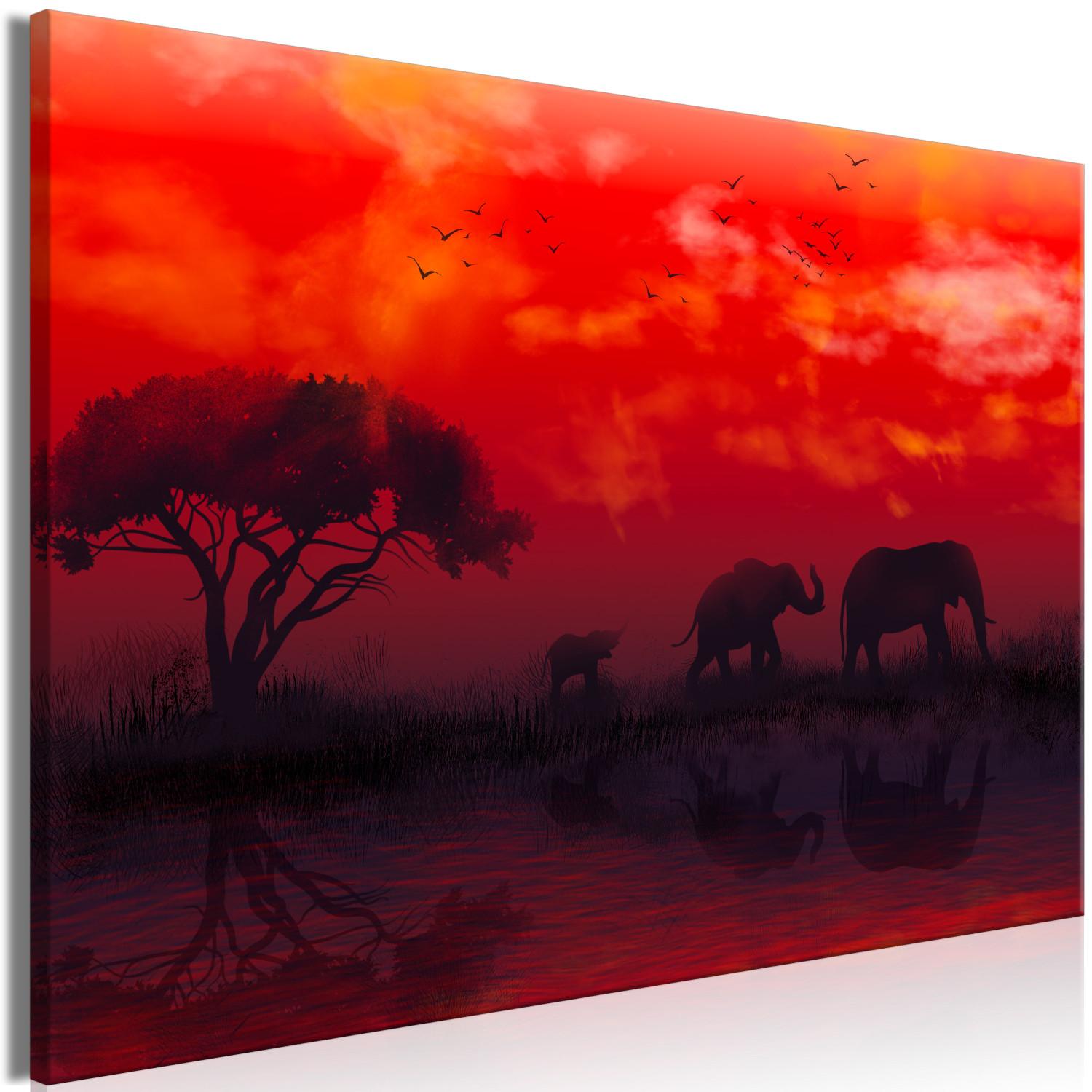 Cuadro moderno Paisaje africano (1-pieza) amplio - elefantes y cielo rojo