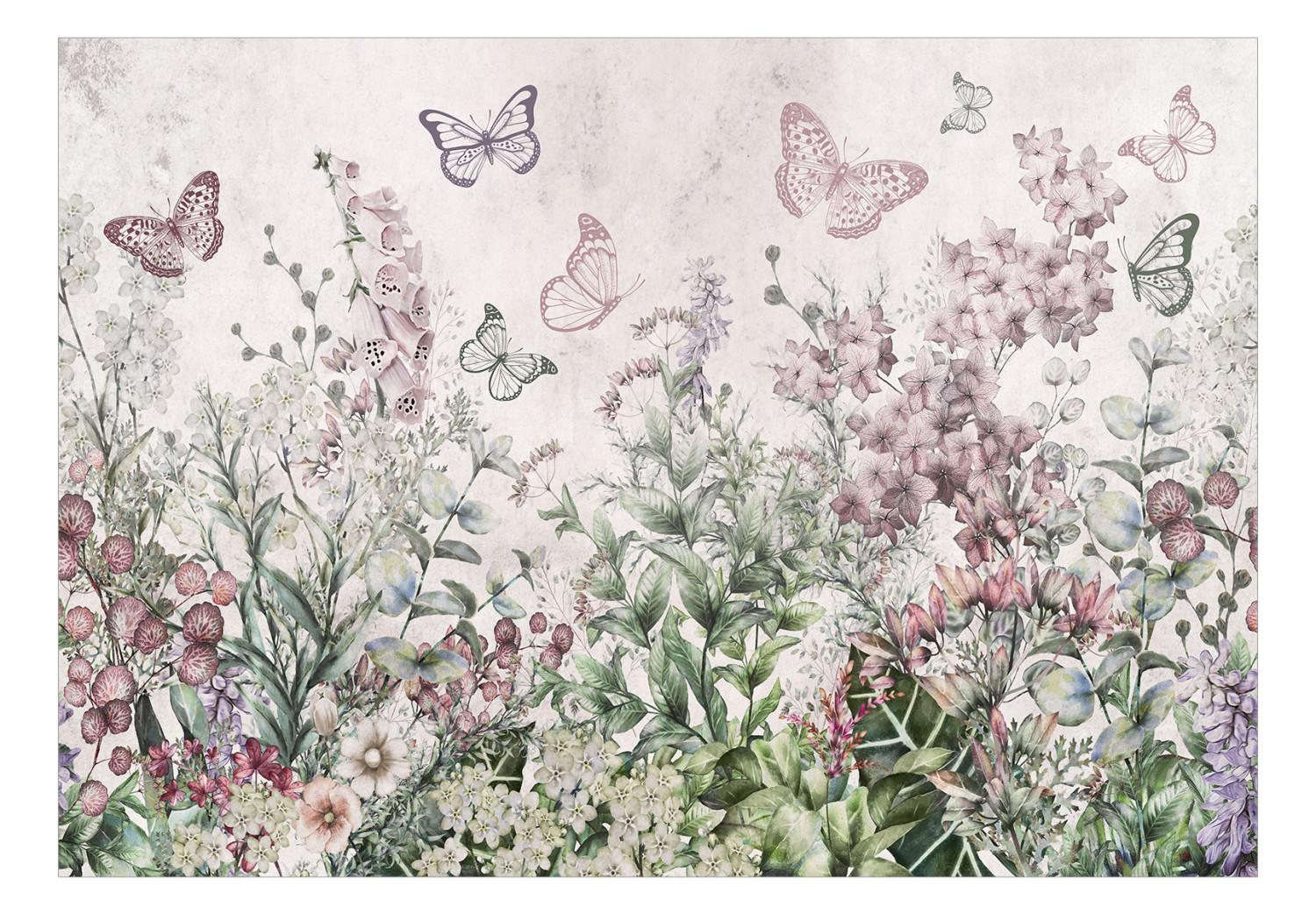Fotomural Pradera alada - paisaje con plantas y mariposas en tonos rosados
