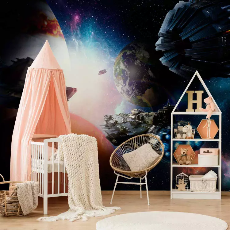 Fotomural Paisaje para niños - motivo espacial con planetas y naves espaciales