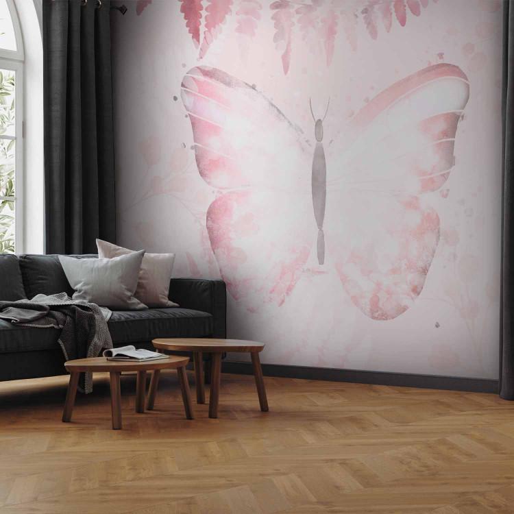 Fotomural Naturaleza paradisíaca - gran mariposa con plantas en tonos rosados
