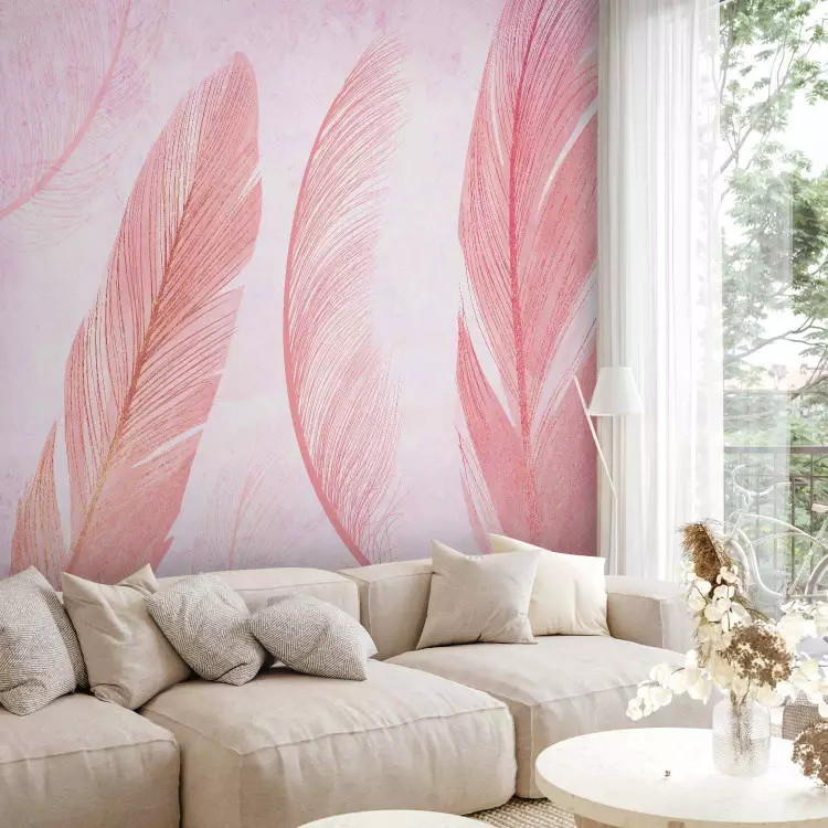 Fotomural decorativo Boho al viento - plumas en tonos rosados y estilo vintage