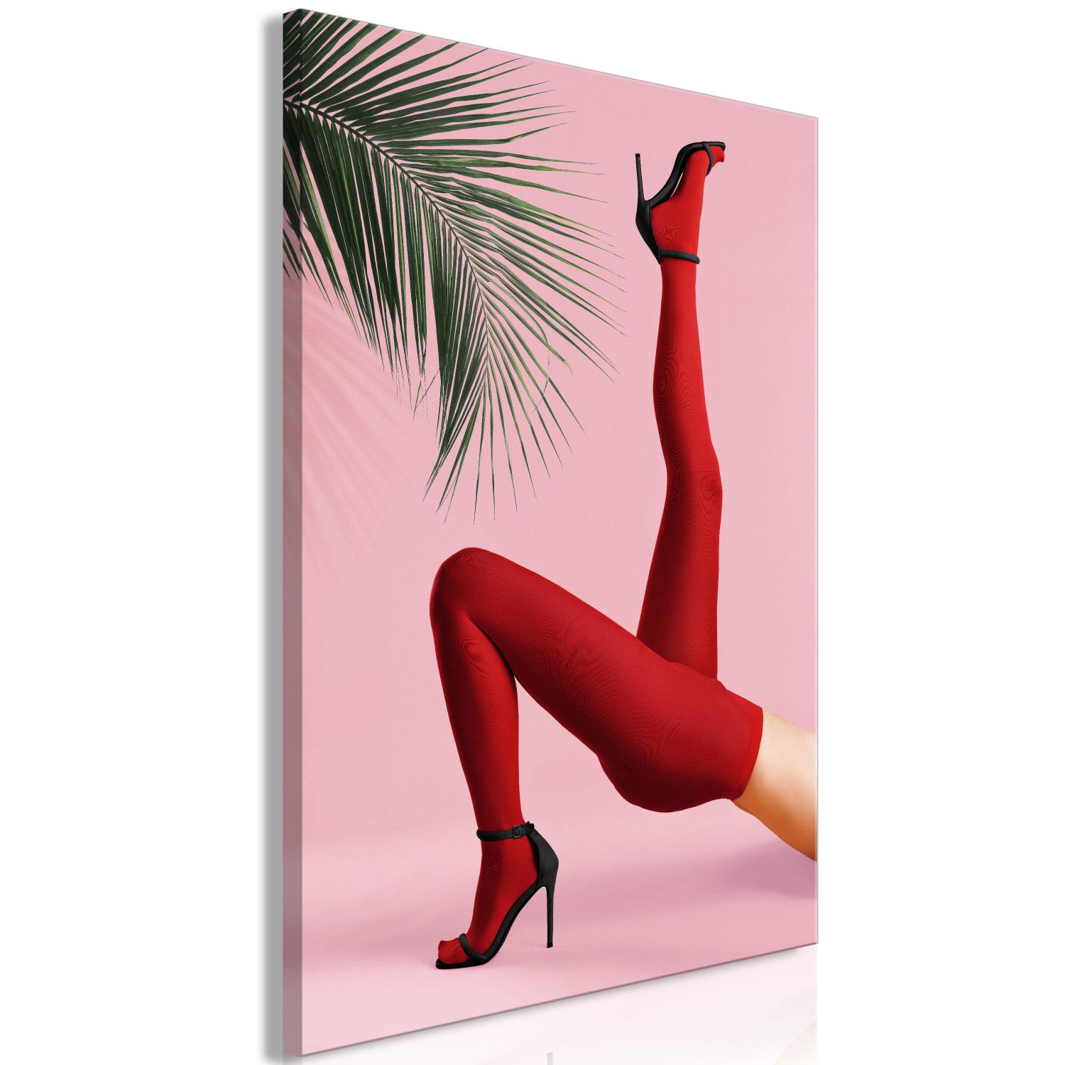 Cuadro moderno Medias rojas (1 parte) - piernas femeninas sobre fondo de palma verde