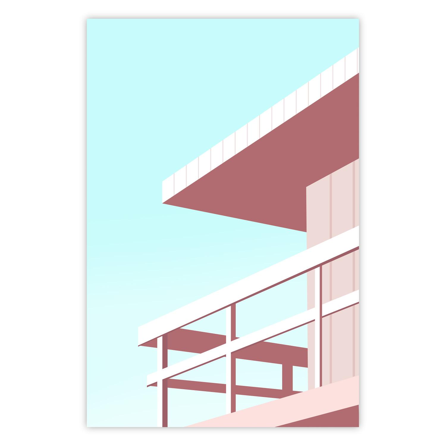 Póster Beach Vacation - Minimalist Pink Lifeguard Tower Against the Sky