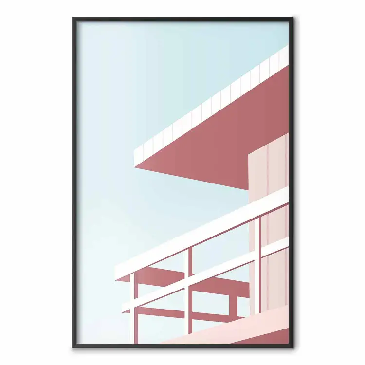 Vacaciones en la playa - torre de salvavidas rosa minimalista y cielo