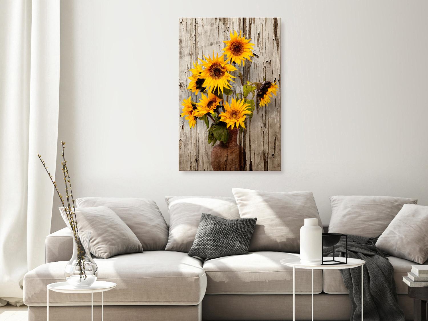 Cuadro Girasoles (1 parte) - flores amarillas en jarrón sobre fondo de madera