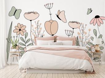 Fotomural decorativo Pradera dibujada - flores y hojas gráficas en rosa con mariposas