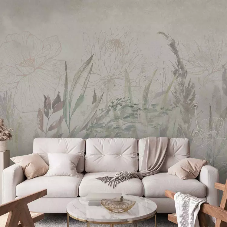 Jardín de estilo boho - flores y hierbas aireadas en grises y verdes