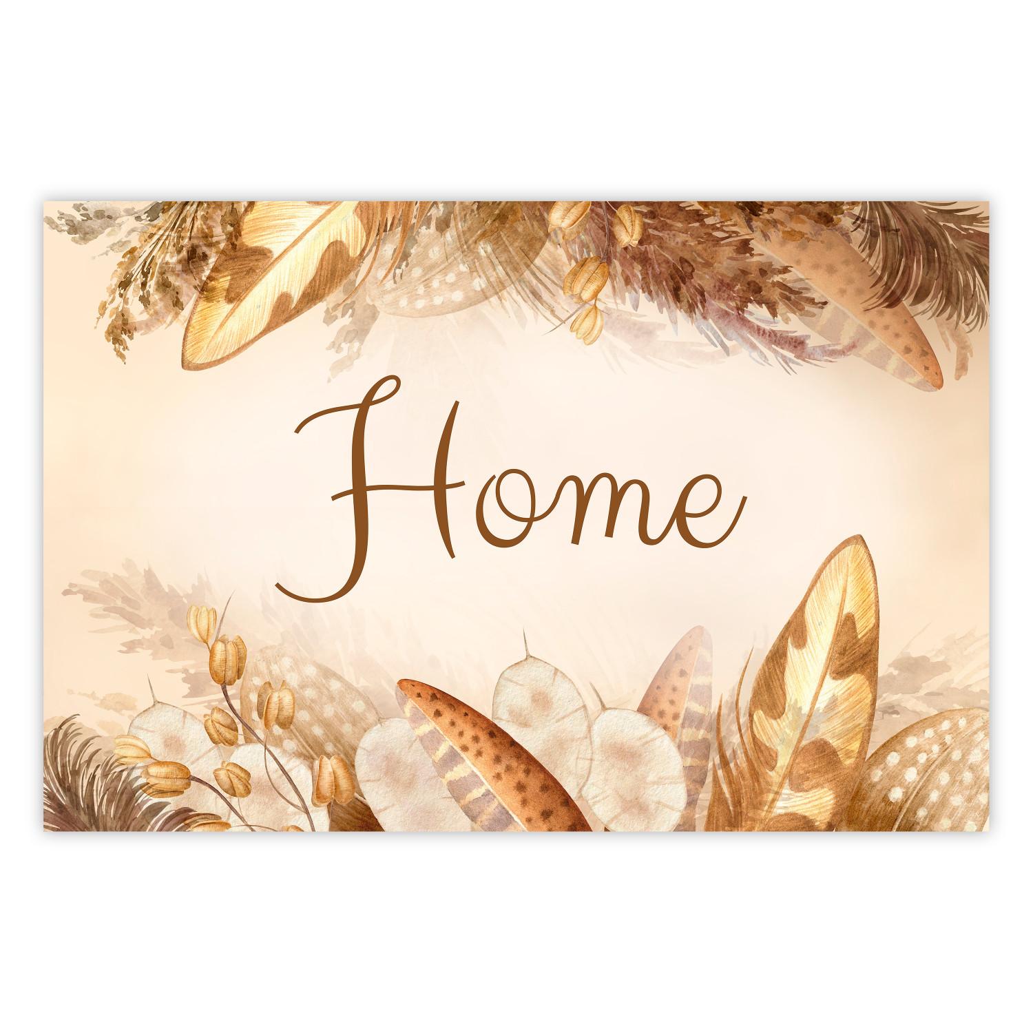 Cartel Home - Inscription Among Dried Plants and Feathers in Warm Boho Shades