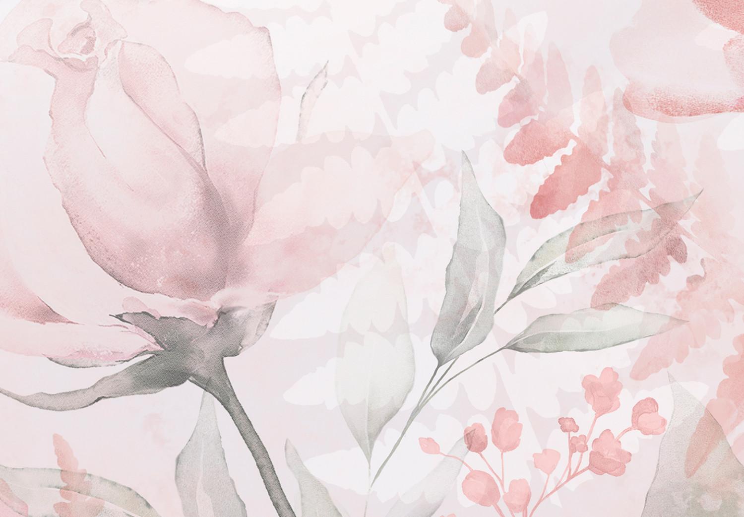 Cuadro moderno Amor (1 parte) - palabra "amor" en fondo rosa con flores y hojas