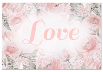 Cuadro moderno Amor (1 parte) - palabra "amor" en fondo rosa con flores y hojas