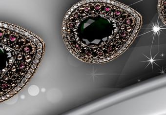 Cuadro moderno Diamantes negros (1 parte) - abstracción de joyas sobre fondo plateado