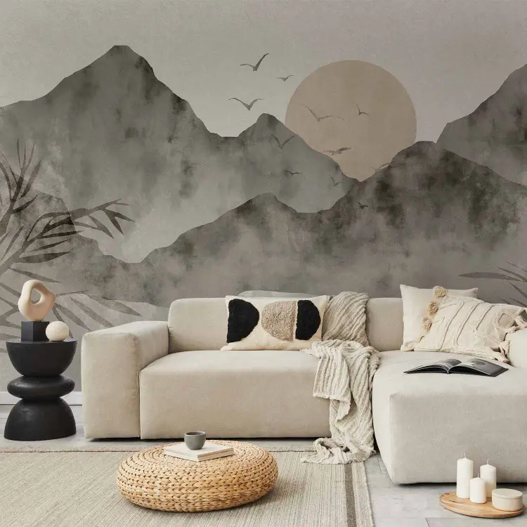 Paisaje wabi-sabi - puesta de sol y montañas en estilo japonés