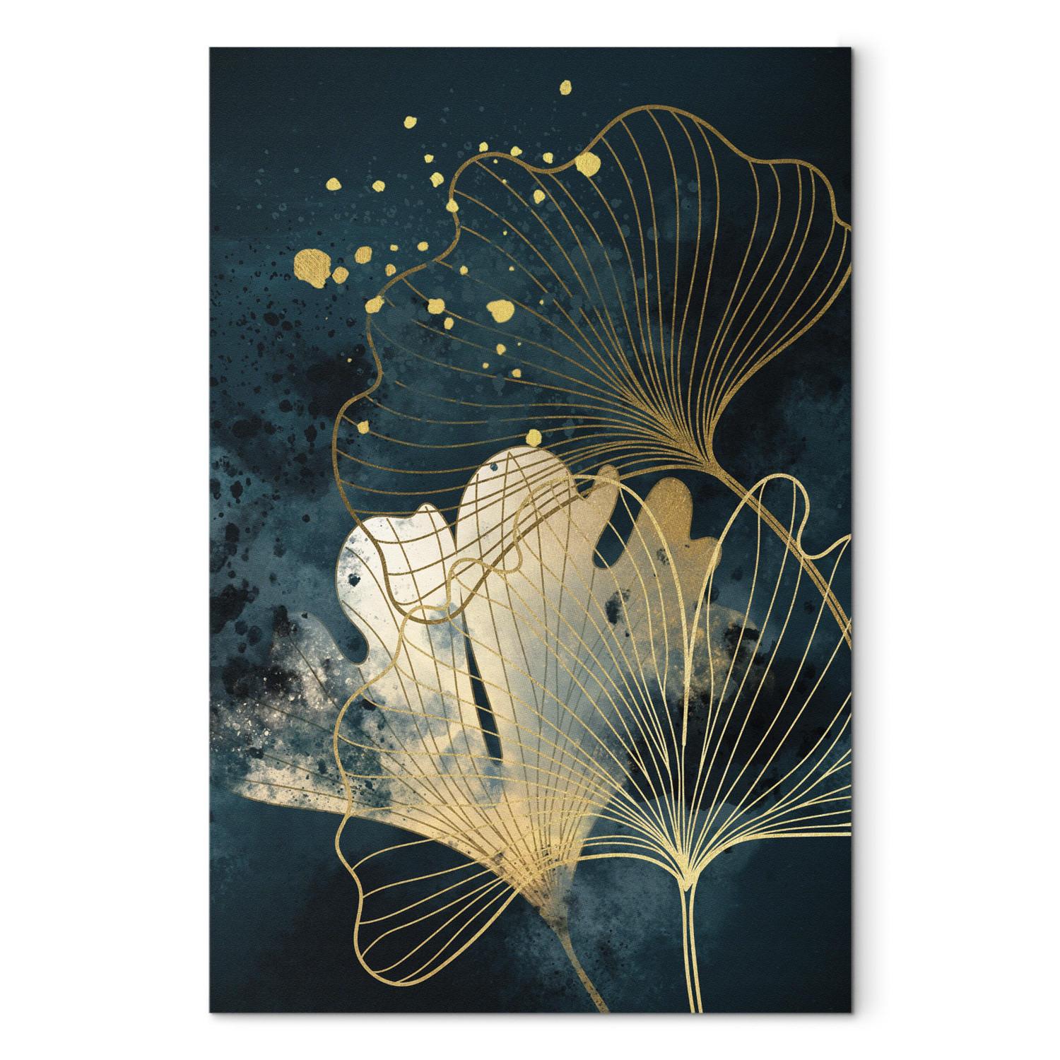 Cuadro moderno Nature in Abstraction - Golden Ginkgo Leaves on Turquoise Watercolors