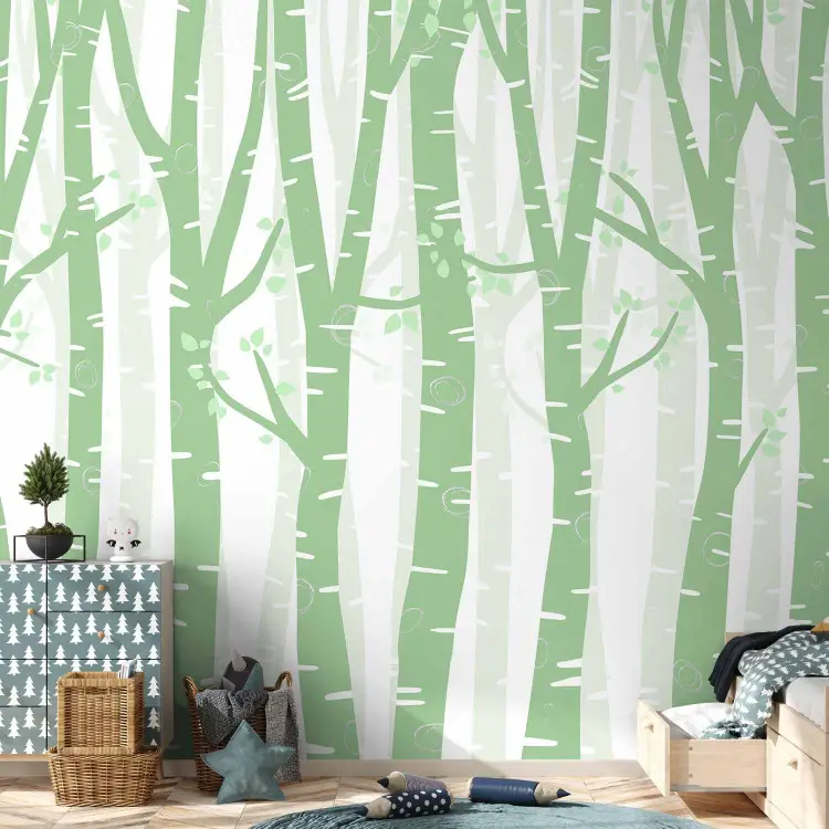 Bosque pastel - árboles de abedul verdes con hojas claras