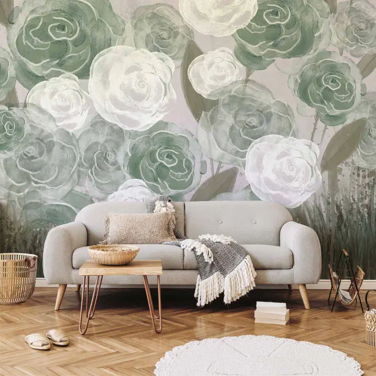 Rosas densas - flores grandes pintadas en tonos verdes y fondo gris