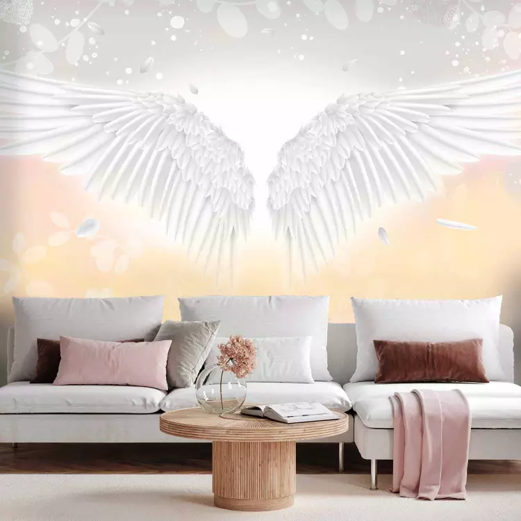 Fotomural Angel Wings and Feathers - Heavenly Theme in Pink and Yellow Clouds