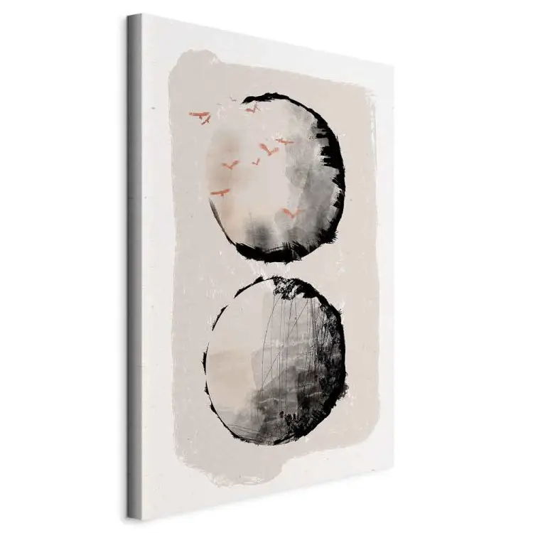 Dos lunas - abstracción japonesa con dos círculos y pájaros