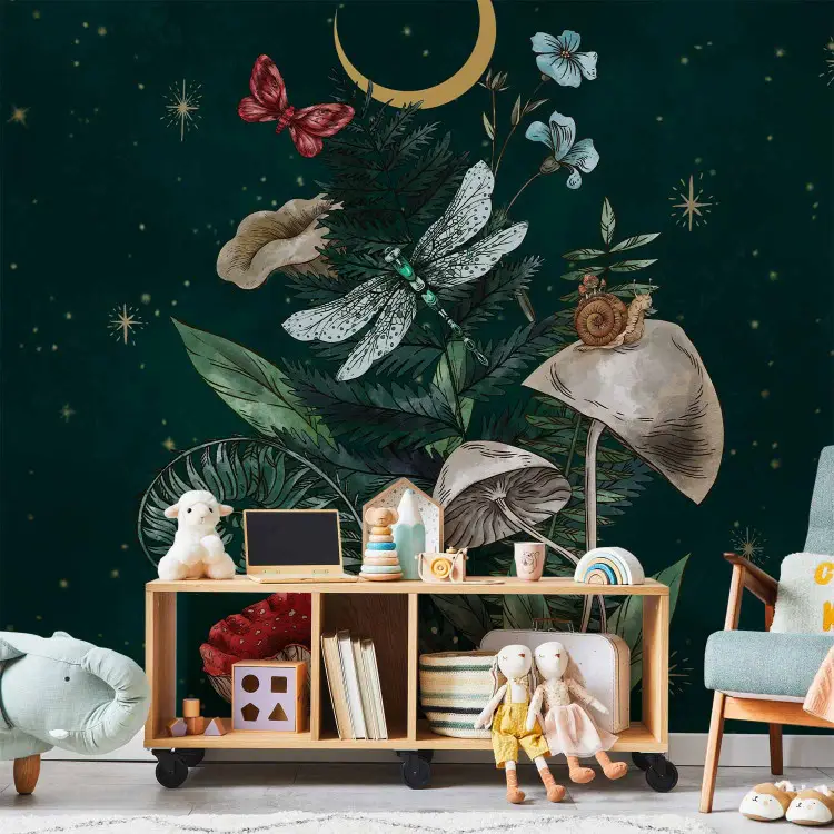 Naturaleza del bosque - luna, setas, plantas y animales con estrellas
