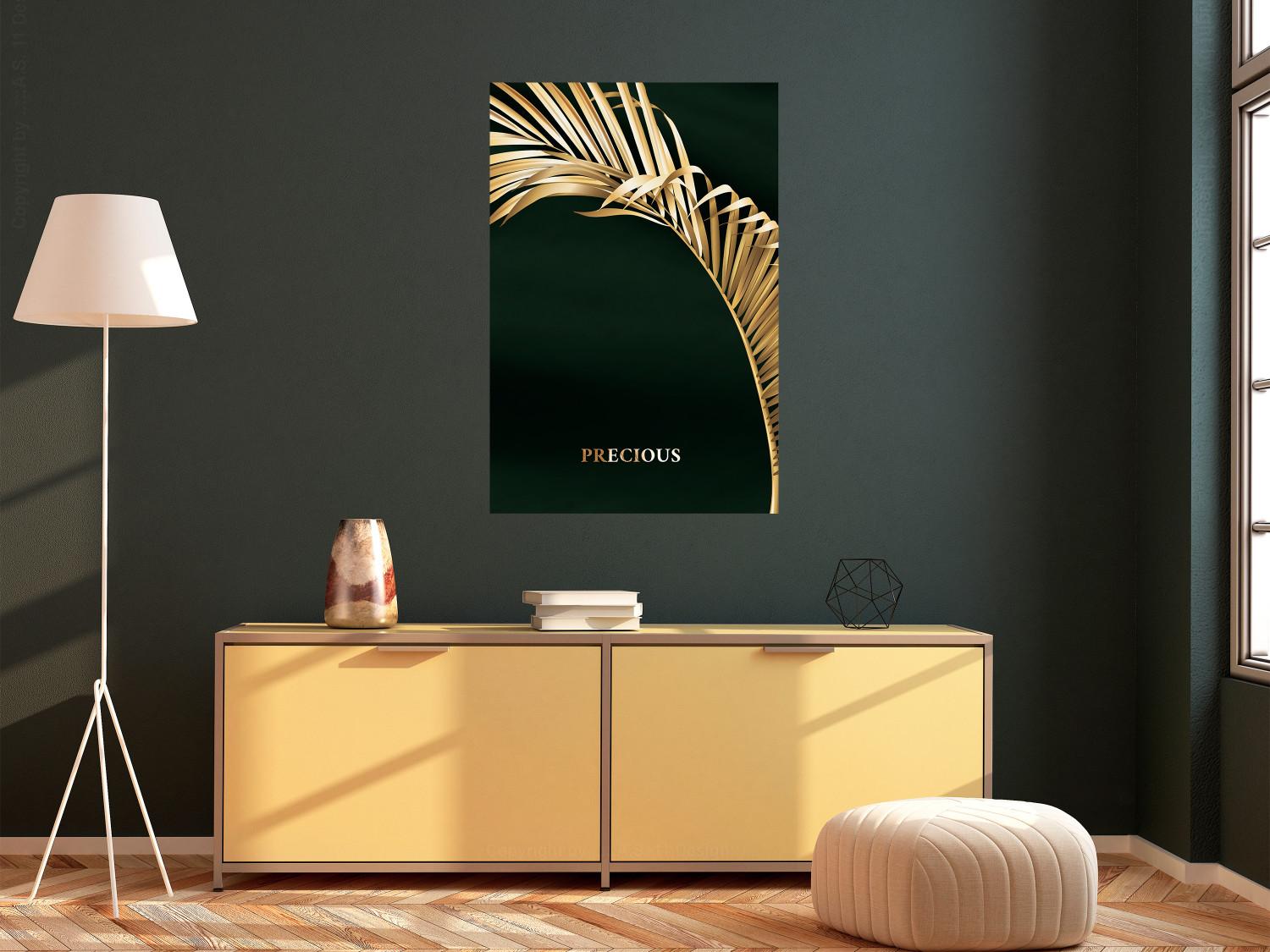 Póster Exotic Plant - Golden Palm Leaf on a Dark Green Background
