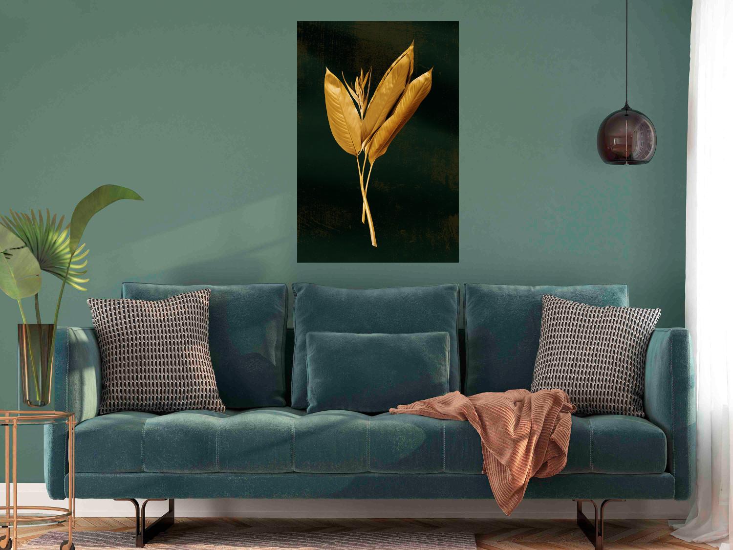 Poster Golden Vegetation - Bouquet of Leaves on a Dark Green Background